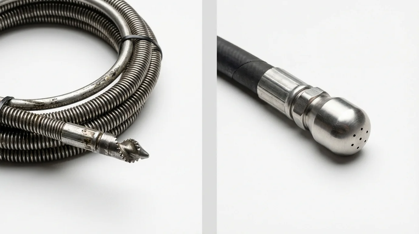 Drain snake cable and hydro jetting nozzle used for drain cleaning in Robins, IA