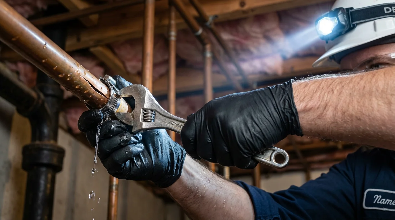 Emergency pipe clamp repair being performed by a Johns Plumbing LLC plumber in Robins
