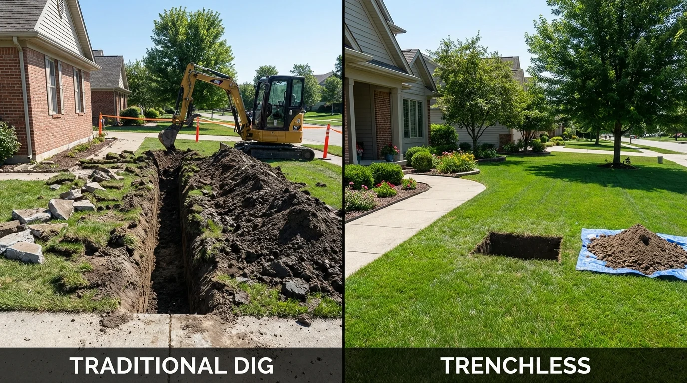 Trenchless sewer repair with minimal yard damage versus traditional excavation in Robins, IA