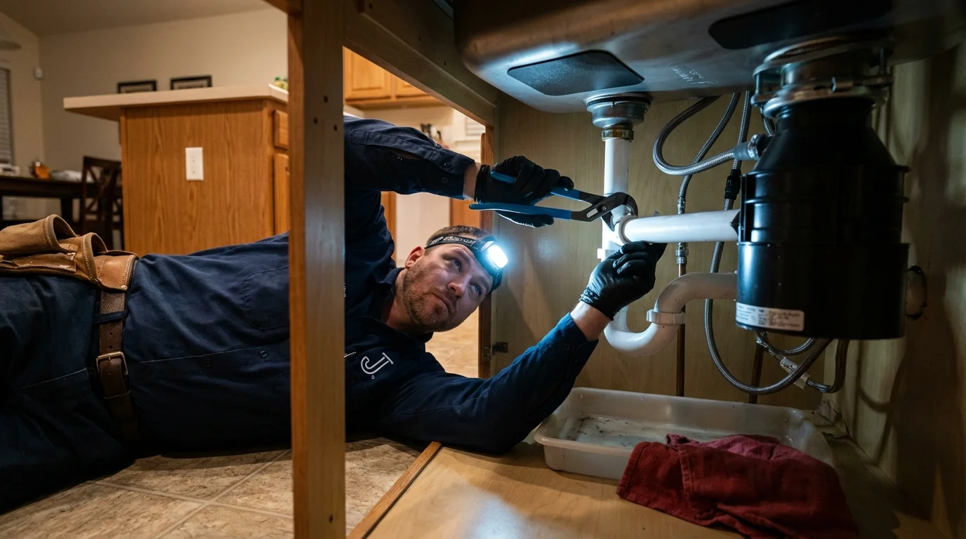 P-trap and supply line connections under a kitchen sink showing a common leak point in Robins, IA